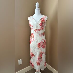 Floral V-Neck White and Coral Sleeveless Dress